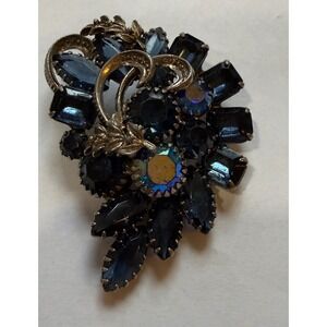 Vintage Blue Rhinestone‎ Floral Brooch Pin Aurora Borealis Sparkly Bouquet